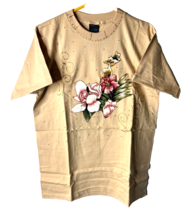 York Floral T-Shirt Womens Medium Pink Roses w/ Gold Thread Embroidery F... - £18.97 GBP