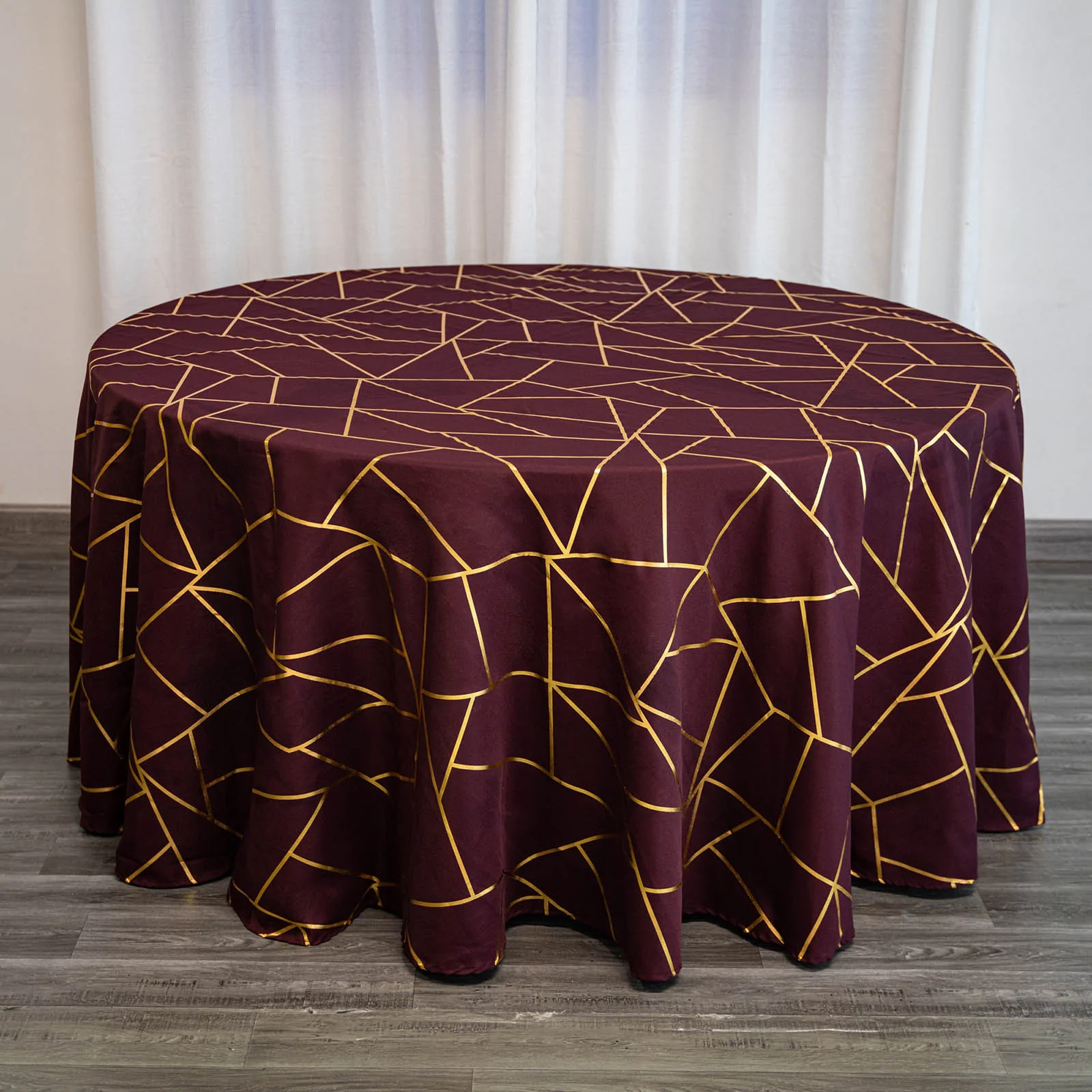 Burgundy - 120&quot; Round Polyester Tablecloth With Gold Foil Geometric Pattern - £39.99 GBP
