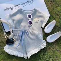 Baby Toddler Girls Gray White Lace Trim Top and Shorts Set - £19.92 GBP