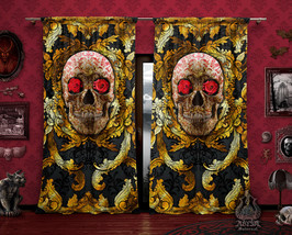 Gold Red Skull Curtains, Ornamented Steampunk Decor, Window Drapes, Sheer and Bl - £131.50 GBP