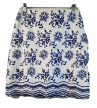 LOFT  Floral Skirt Womens Petites Size 0  White Blue Embroidered Cotton Side Zip - £11.06 GBP