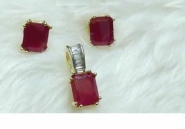 6Ct Emerald Cut Ruby Earring &amp; Pendant Set 14K White Gold Finish 18&quot; Free Chain - $200.47