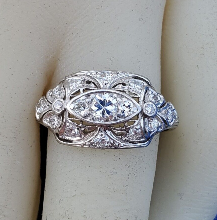 Earth mined Diamond Platinum Deco Engagement Ring 1ct Antique Filigree Statement Item image 4