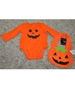 Halloween Bodysuit &amp; Bib Carters Pumpkin Long Sleeve Boys Girls Set-sz 0... - £15.64 GBP
