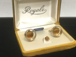 Vintage SHIELDS Genuine Tiger Eye Cufflinks &amp; Tie Pin GoldTone New Origi... - $26.73