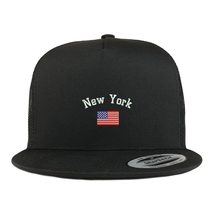 Trendy Apparel Shop New York USA Flag 5 Panel Flatbill Trucker Cap - Black - £19.65 GBP