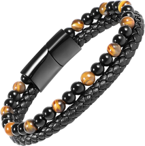 Men&#39;s Handmade Black Leather Tiger Eye Bracelet for Courage and Stress Relief - £20.48 GBP