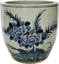 Planter Vase Peony With Bird Motif Flower White Blue Porcelain Handmade - £179.66 GBP