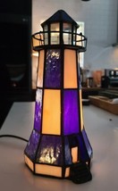 Beautiful Blue &amp; White Tiffany Style Stained Glass Lighthouse Light Lamp Vintage - £40.47 GBP