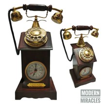 Vintage Wooden Rotary Dial Brass Telephone with Clock Antique Style Etch... - $98.75
