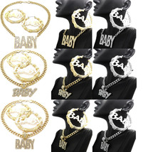 Celebrity Style Baby Pendant 18&quot; Cuban Chain Necklace with Bamboo Earring Set - £19.17 GBP+