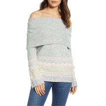 Lush Women&#39;s Gray Fair Isle 3-in-1 Cowl Neck Sweater Off Shoulder Knit S... - £11.66 GBP