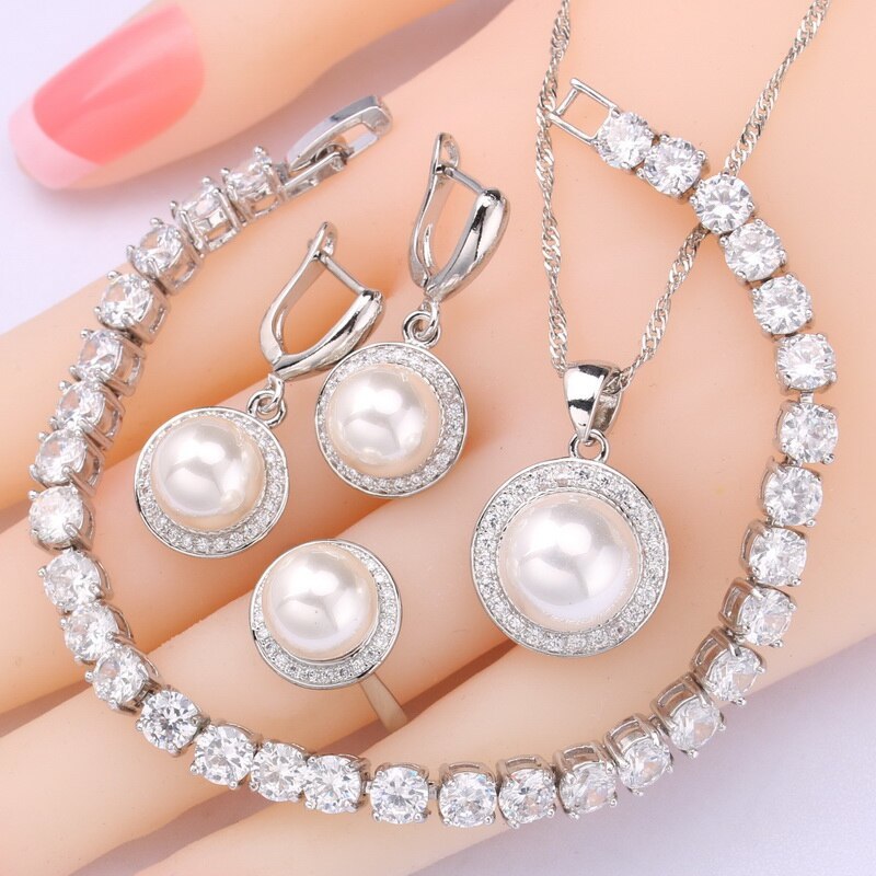 Round Natural White Pearl Jewelry Sets For Women Earrings Rings Necklace Pendant - £27.72 GBP