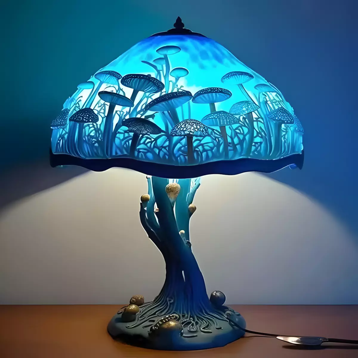 Blue Mushroom Table Lamp Vintage Stained Glass Bedside Lamp -5.9 in- Nig... - $56.21 CAD