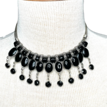 Silver Tone Black Bib Necklace Glass Beads Cabachon 16&quot; Inch Artisan - £12.07 GBP