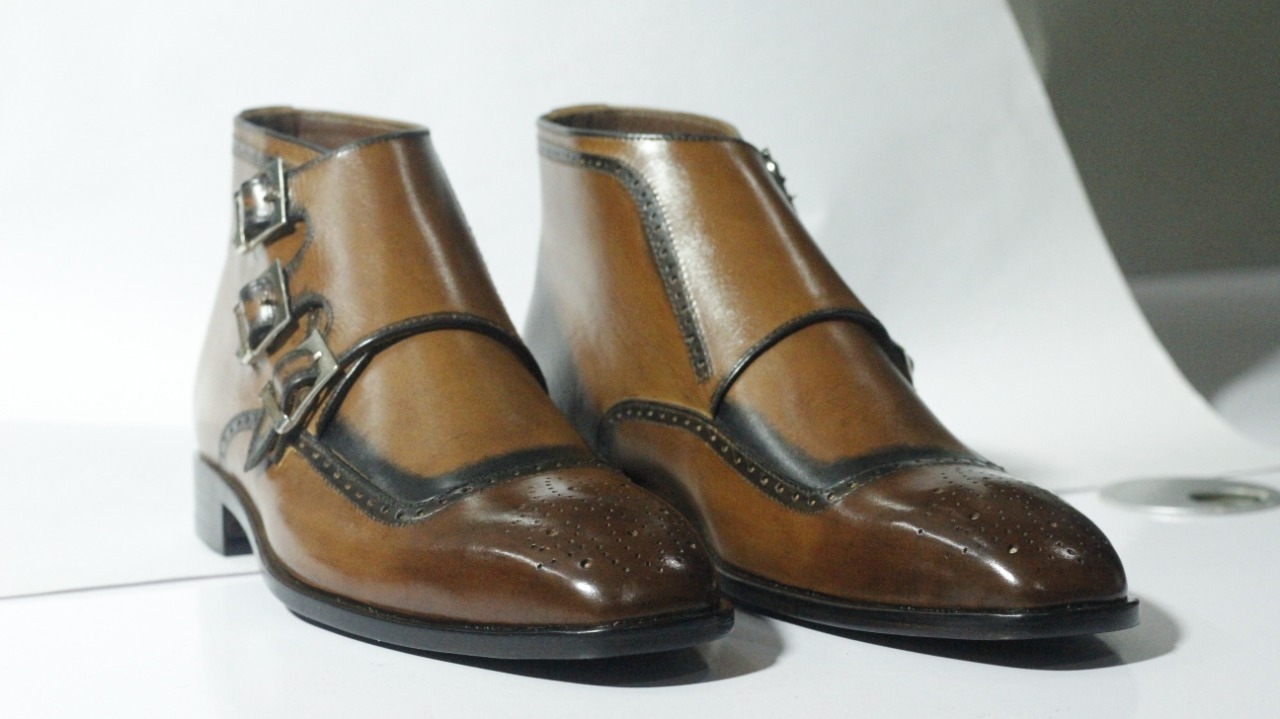 Handmade Men's Brown Leather Brogue Triple Monk Strap Ankle Boots, Fashion Boots