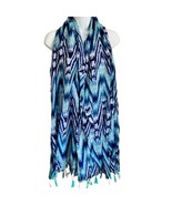 Blue Teal White Sheer Tasseled Zig Zag Geometric Scarf 40&quot; x 72&quot; Rectang... - $18.02 CAD