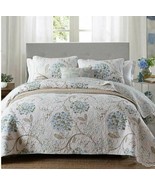 3pc. Floral Blue Beige Bedspread King Size Cotton Quilt Pillowcase Cover... - £146.35 GBP