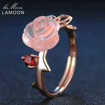 LAMOON 925 Sterling Silver Ring For Women Rose Quartz Gemstone Rose Flower 18K R - £19.36 GBP