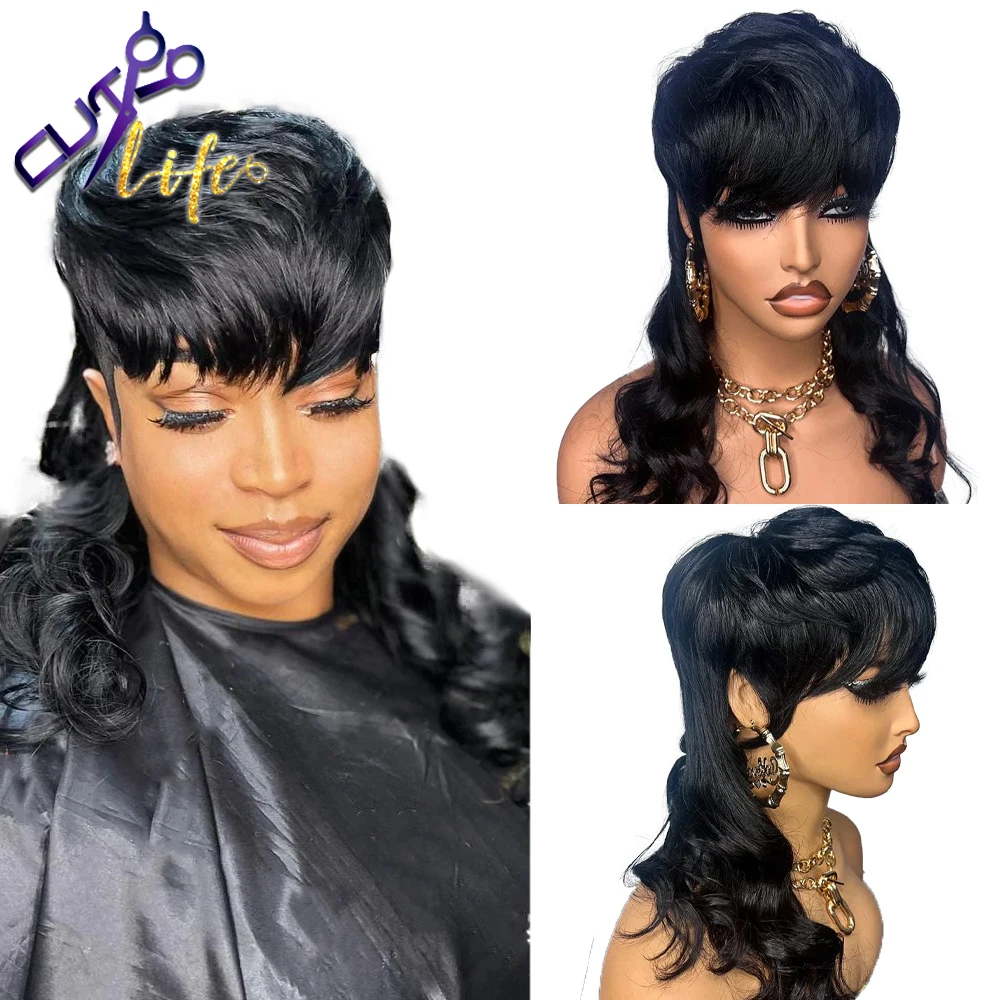 Mullet Wig 18 Inches Full Machine Made Wig With Bangs Body Wave Brazilian Hum - £45.66 GBP+