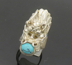 925 Silver - Vintage Turquoise &amp; Black Onyx Dragon Head Ring Sz 9.5 - RG20050 - £76.66 GBP