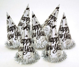 12 Silver 9&quot; Foil Tinsel Fringe Metallic Party Hats New Years Eve (1 Dozen pk) - £16.61 GBP