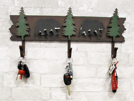 Rustic 2 Black Bear 3D Silhouettes With 3 Pine Trees 3-Peg Cast Iron Wall Hooks - £26.36 GBP