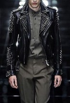Men Studded Handmade Black Color Leather Jacket long Studs Spike Used Belted Zip - £198.10 GBP