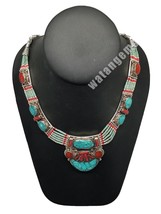 Ethnic Tribal Nepalese tribal Green Turquoise &amp; Red Coral Inlay Necklace, E259 - £30.84 GBP