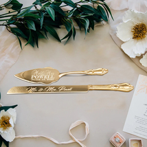Personalized Gold Wedding Cake Knife and Server Set Engraved Gold Tone S... - $98.99+