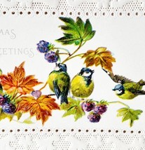 Christmas Greetings Card 1900s Victorian Lace Design Blue Jays Bird Berr... - $29.99
