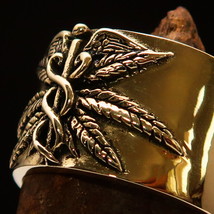 Wide Cannabis Leaf Men&#39;s Pinky Ring Medical Weed Marijuana - antiqued Brass - £18.96 GBP+