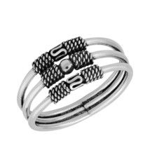 Balinese Style Tribal Motif Three Bands Sterling Silver Ring-7 - $18.21