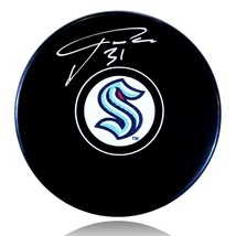 Philipp Grubauer Autographed Seattle Kraken Logo Hockey Puck Fanatics COA Signed - £57.72 GBP