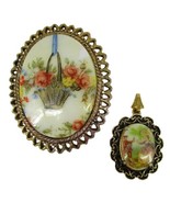 2 Hand Painted Pendant Brooch Porcelain Floral Rose Basket Courting Couple - $14.83