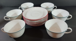 Set Of 6 Richard Ginori Italy Corona Tea Cups Saucers 8.5 Oz Green Red Stripe - £75.15 GBP