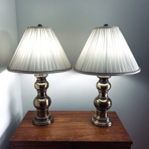 Pair Of Two Stiffel Brass Lamps Vintage with Original Pleated Shades - £197.04 GBP
