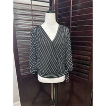 Loft Faux Wrap Top Women&#39;s XS Black White Stripe Long Sleeve Surplice Neck  - £14.06 GBP