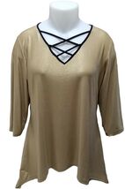 NY Collection Asymmetrical Mocha Gold Glittery Lace-Up 3/4 Sleeve Blouse... - $17.81