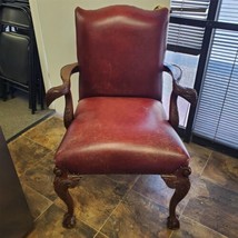 Vintage Antique Red Leather and Carved Owl Wood Armchair Law Office Chair - $445.50