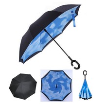 Blue Sky C Handle Umbrella Reverse Inside Out Folding Double Layer Nylon Rain Uv - £7.04 GBP