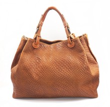 Woven Braided Pattern Cognac Leather Large Handbag Handmade In Italy - £94.42 GBP