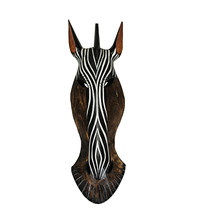 Hand-Carved Brown Wood African Zebra Jungle Mask Wall Hanging - 20 Inches High - £20.38 GBP