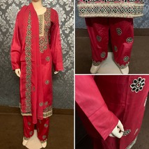 Pakistani Red Straight Shirt 3-PC Lawn Suit w/ Threadwork ,Large - £67.72 GBP
