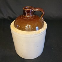 Antique Stoneware Crock Jug Two Tone Cream Beige Brown With Handle 1/2 Gallon - £23.21 GBP