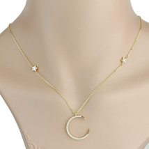 Gold Tone &amp; Swarovski Style Crystal Designer Moon And Stars Pendant Necklace - £21.67 GBP