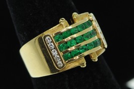 Art Nouveau Style 18K Yellow Gold Wide Emerald and Diamond Band Ring (Sz 6 1/4) - £521.19 GBP