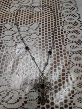 Metal 2 Tone Ornate Cross Necklace Gold Silver Tones Black Onyx Stones 2... - $35.37 CAD