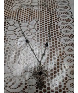 Metal 2 Tone Ornate Cross Necklace Gold Silver Tones Black Onyx Stones 2... - $35.54 CAD