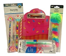 Cupcake Clipboard Sm 4 Pencils Erasers 2 Erasable Highlighters Rainbow Pom Pen - £6.26 GBP